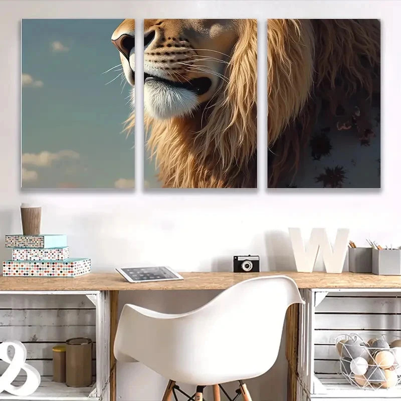 3pcs Majestic Lion Head in Sunset Hues Wall Art Set Canvas Framed 40x60cm - High Quality Print 100% Australian Made Wall Canvas Ready to Hang