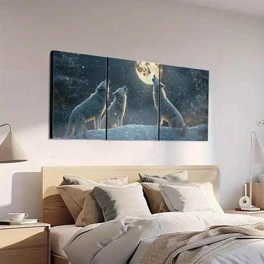 3pcs Wolves Howling at the White Moon Wall Art Set Canvas Framed 40x60cm - High Quality Print 100% Australian Made Wall Canvas Ready to Hang