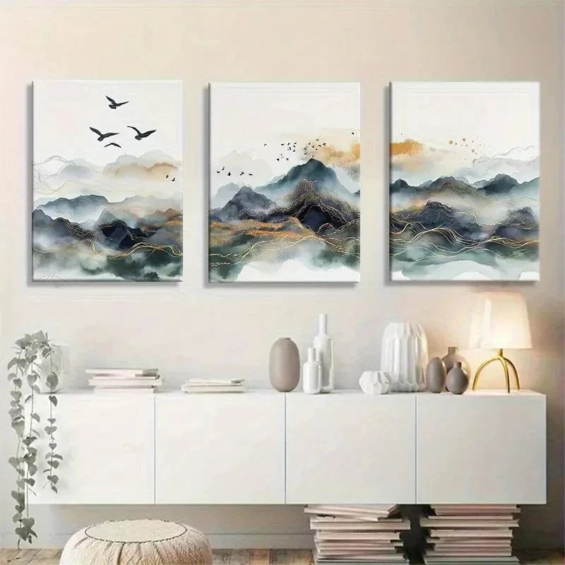 3pcs Elegant Abstract Mountain Landscape Metal Print Ready to Hang Art
