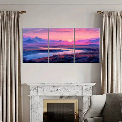 3pcs Sunset Over Mountains Pink Sky Serene Lake Metal Print Ready to Hang Art