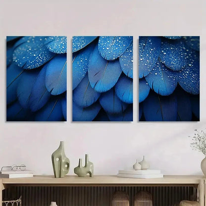 3pcs Elegant Blue and Silver Feather Metal Print Ready to Hang Art