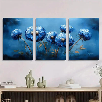3pcs Vibrant Blue Dandelion Flowers & Green Leaves Metal Print Ready to Hang Art