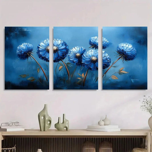 3pcs Vibrant Blue Dandelion Flowers & Green Leaves Metal Print Ready to Hang Art