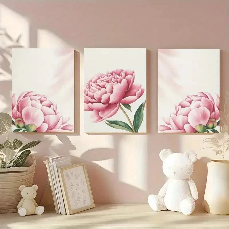 3pcs Pink Peony Floral Text Wall Art Metal Print Ready to Hang Art