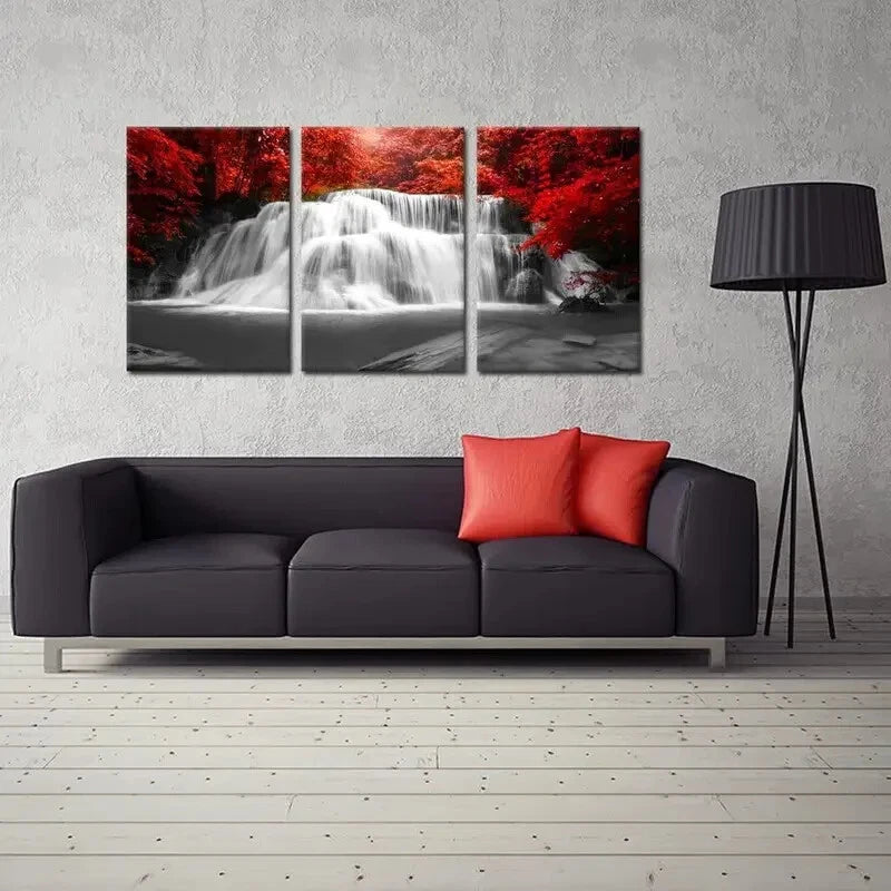 3pcs Black White and Red Waterfall Metal Print Ready to Hang Art
