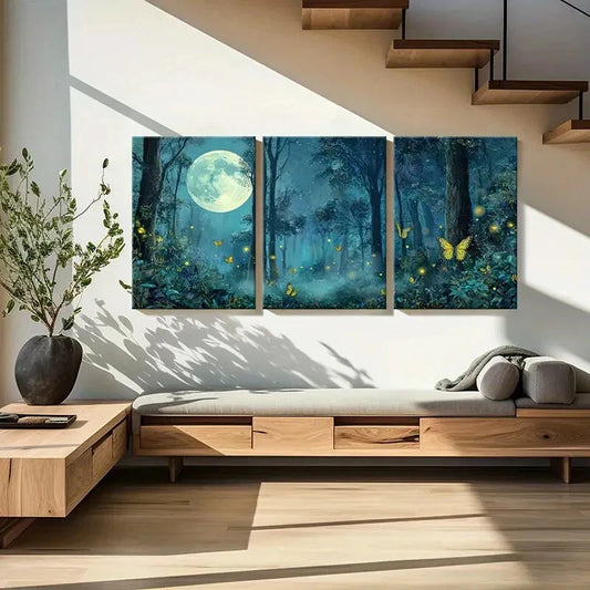 3pcs Enchanted Night Scene with Glowing ButterfliesMetal Print Ready to Hang Art