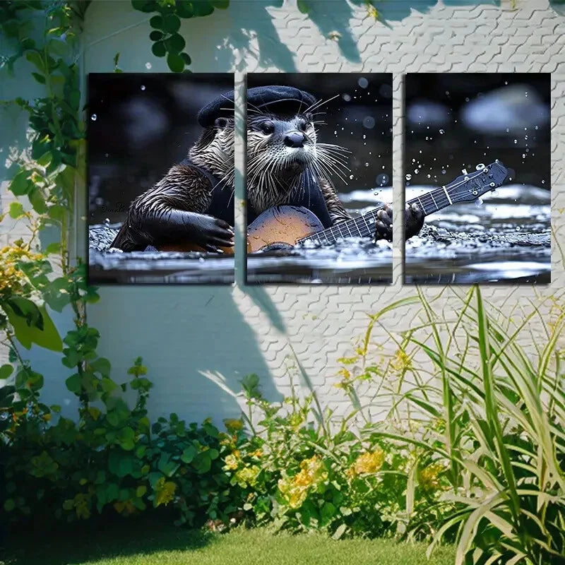 3pcs Otter Playing Guitar Musical Animal Theme Metal Print Ready to Hang Art