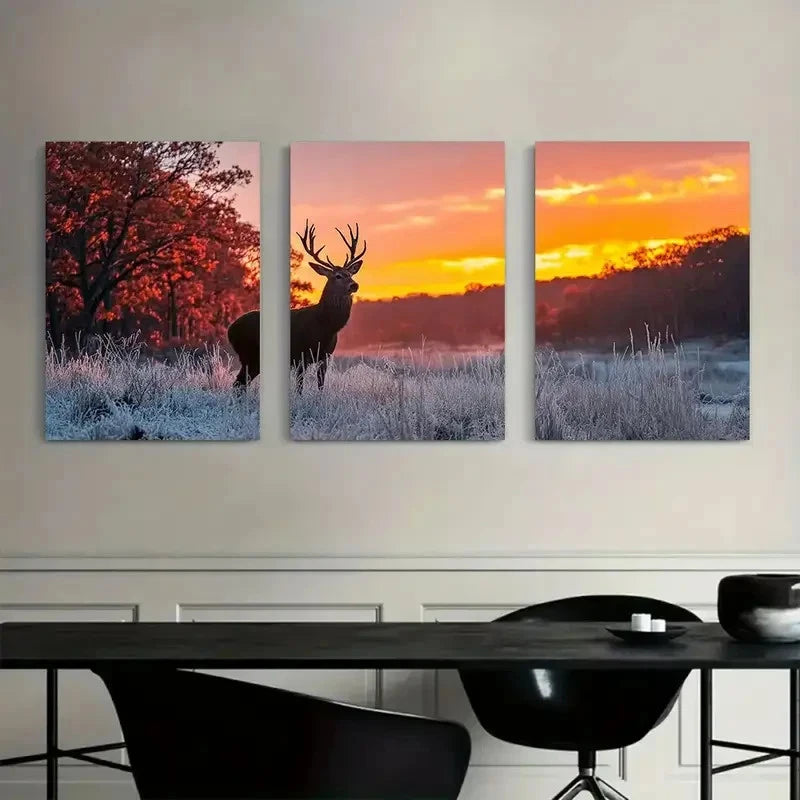 3pcs Deer with Antlers in Forest Light Painting Metal Print Ready to Hang Art