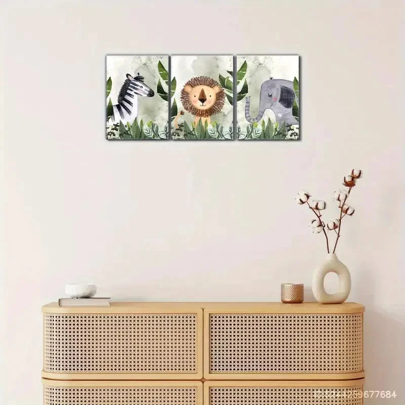 3pcs Zebra Lion Elephant in Forest Watercolor Metal Print Ready to Hang Art