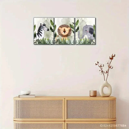 3pcs Zebra Lion Elephant in Forest Watercolor Metal Print Ready to Hang Art