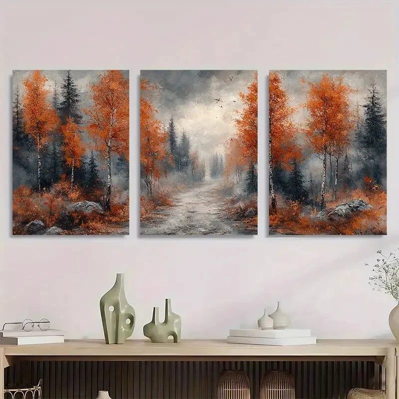 3pcs Autumn Forest Winding Trail Nature Painting Metal Print Ready to Hang Art