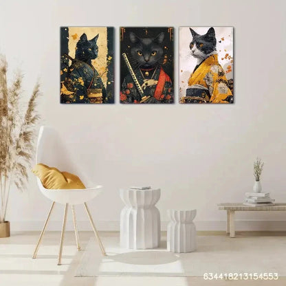 3pcs Samurai Cat Vibrant Japanese-Style Metal Print Ready to Hang Art