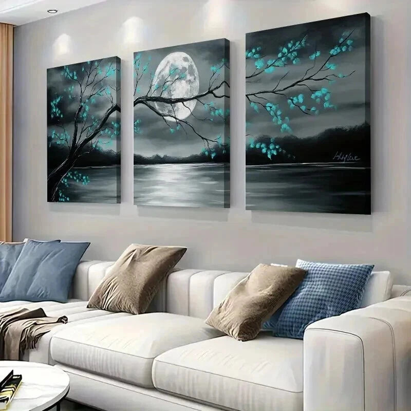 3pcs Gray and Teal Floral Landscape & Full Moon Wall Art Set Canvas Framed 40x60cm - High Quality Print 100% Australian Made Wall Canvas Ready to Hang