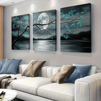 3pcs Gray and Teal Floral Landscape & Full Moon Wall Art Set Canvas Framed 40x60cm - High Quality Print 100% Australian Made Wall Canvas Ready to Hang