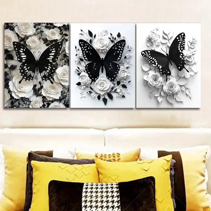 3pcs Black Butterfly & White Roses Metal Print Ready to Hang Art