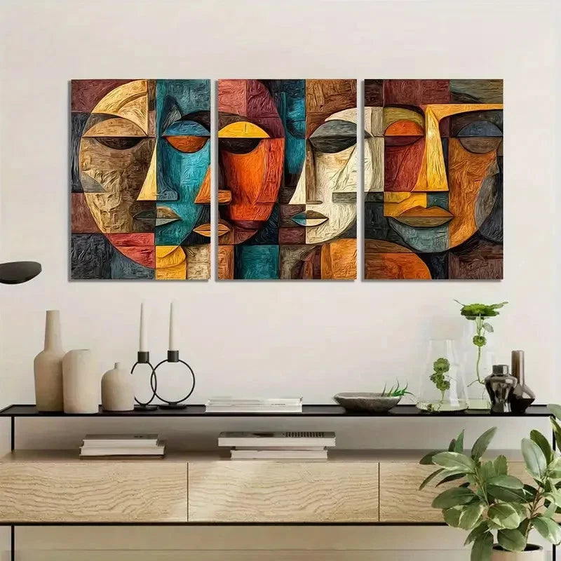 3pcs Retro Art Painting Cubist Faces Metal Print Ready to Hang Art