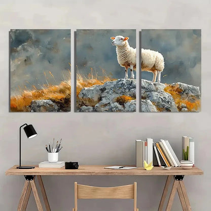 3pcs Landscape Sheep Painting - Pastoral Metal Print Ready to Hang Art