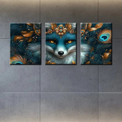 3pcs Dark Green & Golden Bohemian Fox Painting Metal Print Ready to Hang Art