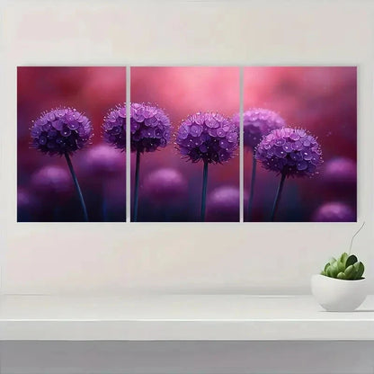 3pcs Vibrant Purple Allium Flower Decor Metal Print Ready to Hang Art