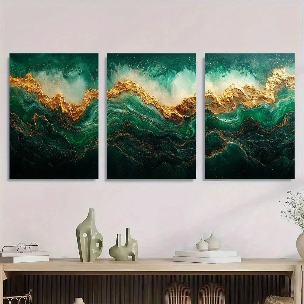 3pcs Elegant Green & Golden Abstract Metal Print Ready to Hang Art