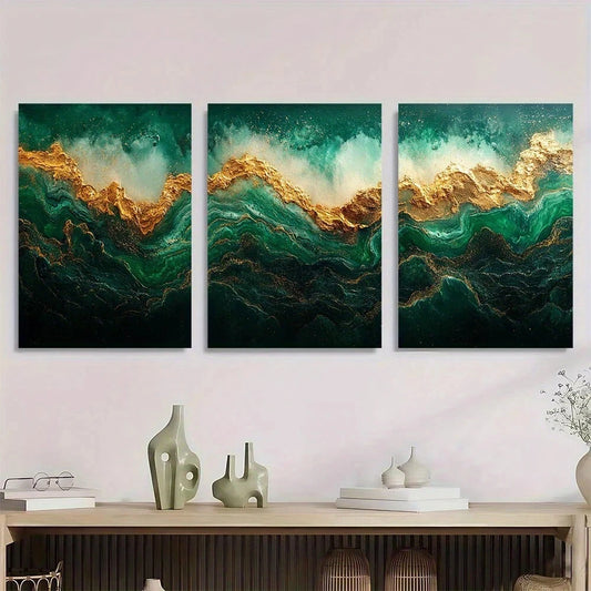 3pcs Elegant Green & Golden Abstract Metal Print Ready to Hang Art