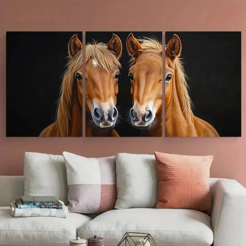 3pcs Pastel Portrait of Two Brown Horses Metal Print Ready to Hang Art