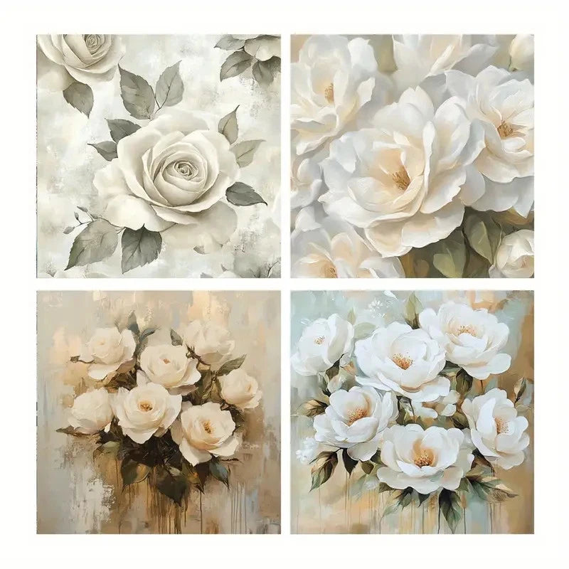 4pcs White Rose Bouquet Oil Painting Wall Art Canvas Framed