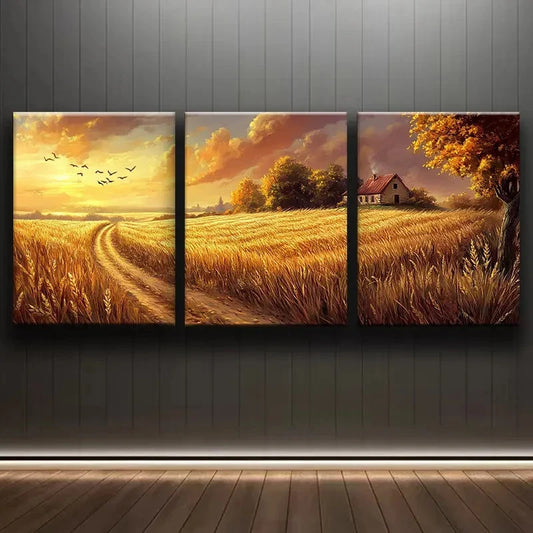 3pcs Serene Sunset Landscape with Farmhouse & Bird Metal Print Ready to Hang Art