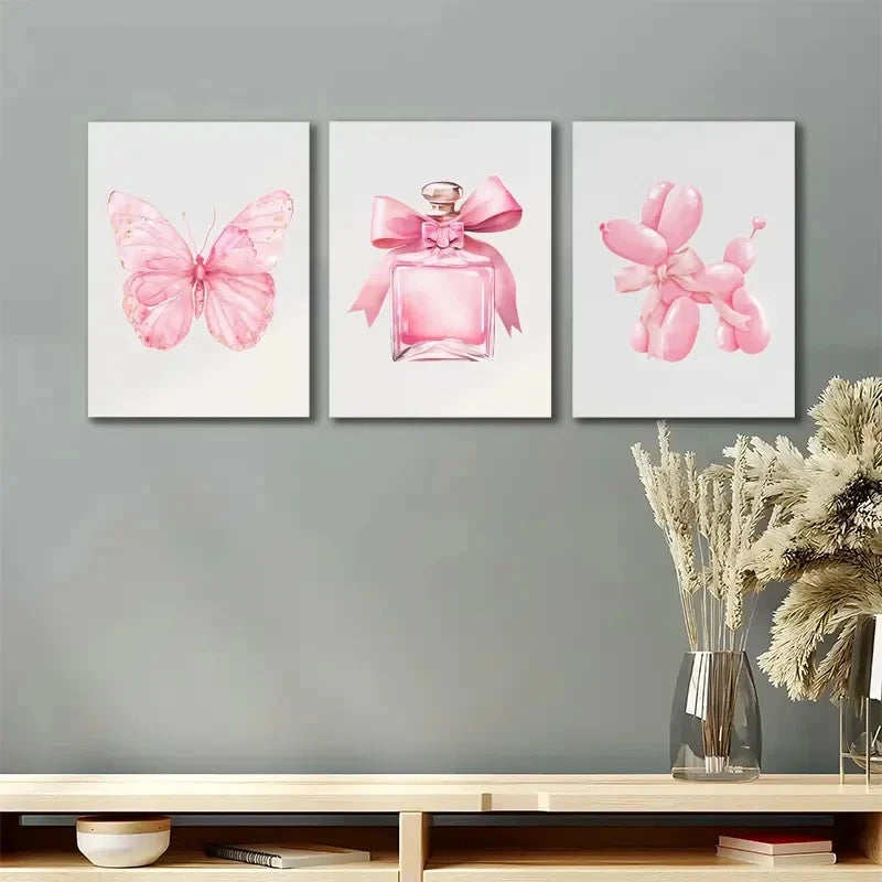 3pcs Pink Bow Decor Watercolor Bow Design Wall Art Set Canvas Framed 40x60cm - High Quality Print 100% Australian Made Wall Canvas Ready to Hang