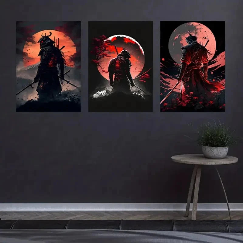 3pcs Japanese Samurai Cherry Blossom Sunset Metal Print Ready to Hang Art