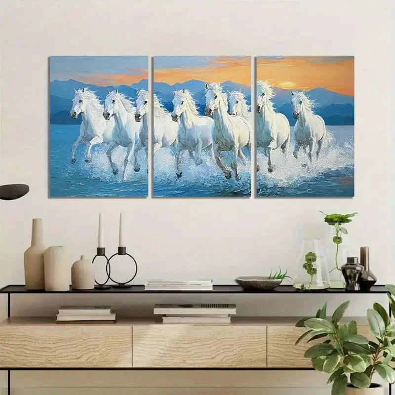 3pcs White Horses Galloping on the Sea Metal Print Ready to Hang Art