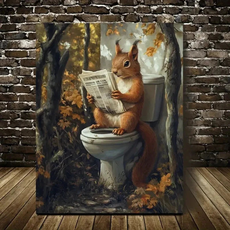 Fantasy Forest Animal Reading Newspaper Painting 40x60cm Metal Print Ready to Hang