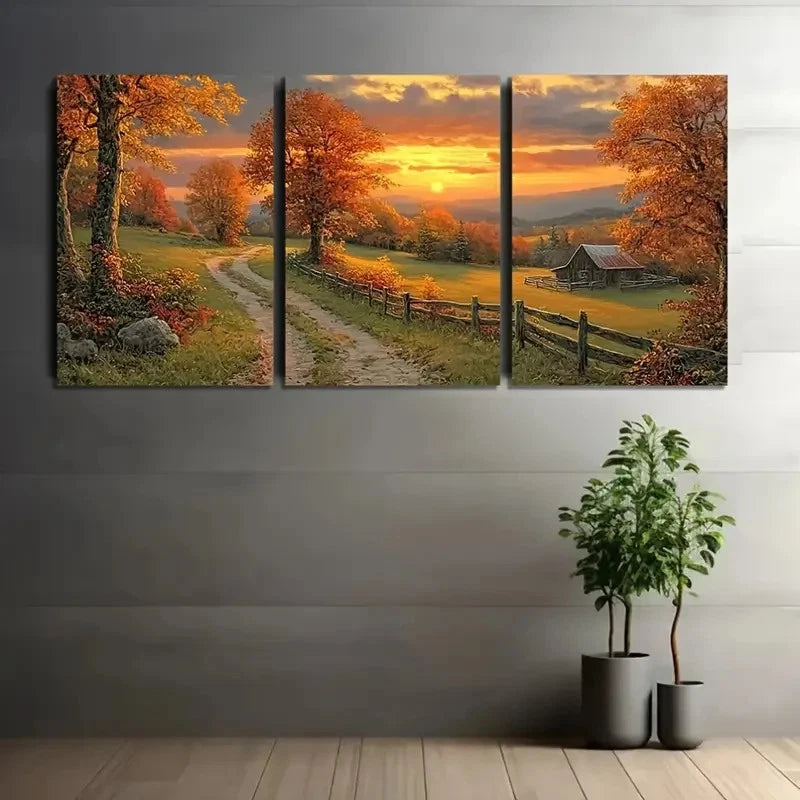 3pcs Picturesque Autumn Sunset Over Wall Art Set Canvas Framed 40x60cm - High Quality Print 100% Australian Made Wall Canvas Ready to Hang