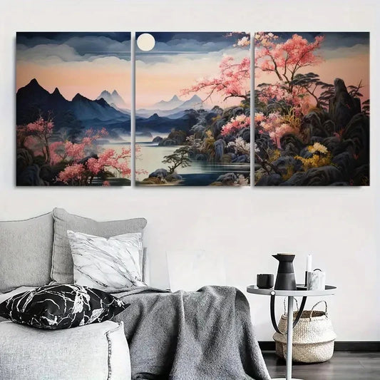 3pcs Cherry Blossom Moonlit Japanese Metal Print Ready to Hang Art