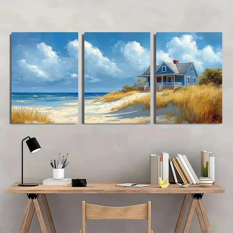3pcs Beach House Watercolor Seaside Scene Metal Print Ready to Hang Art