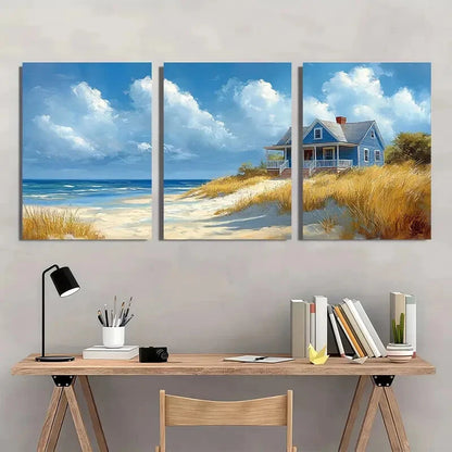3pcs Beach House Watercolor Seaside Scene Metal Print Ready to Hang Art
