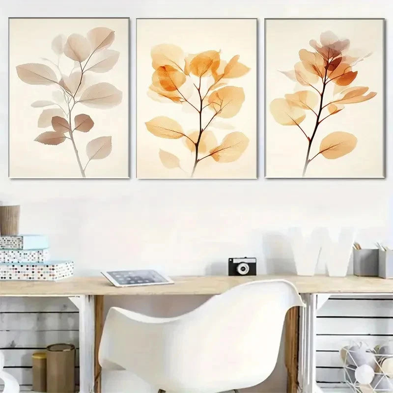 3pcs Decorative Soft-Toned Plant Leaves Metal Print Ready to Hang Art