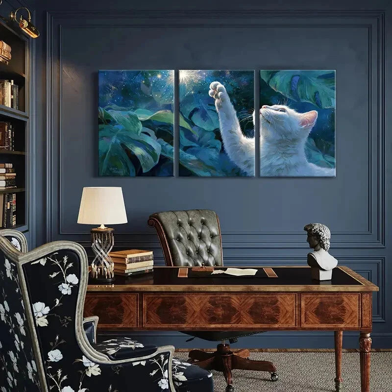 3pcs White Cat Reaching Stars Dreamy Night Metal Print Ready to Hang Art
