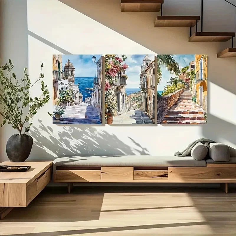 3pcs Scenic Sicily Streets Landscapes Metal Print Ready to Hang Art