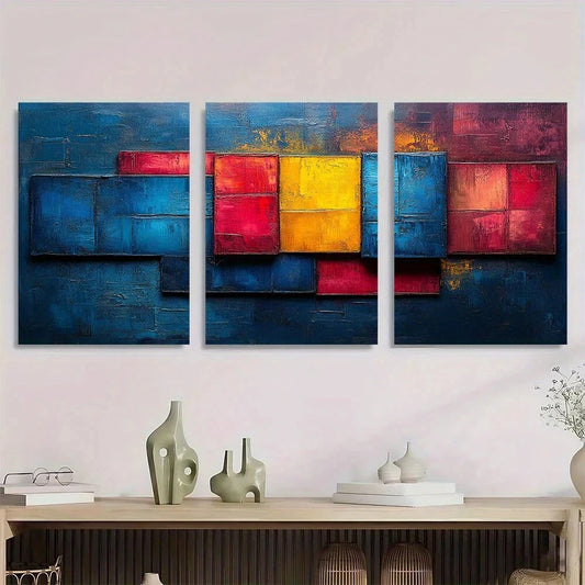 3pcs Blocks And Lines Blue Yellow Red Metal Print Ready to Hang Art