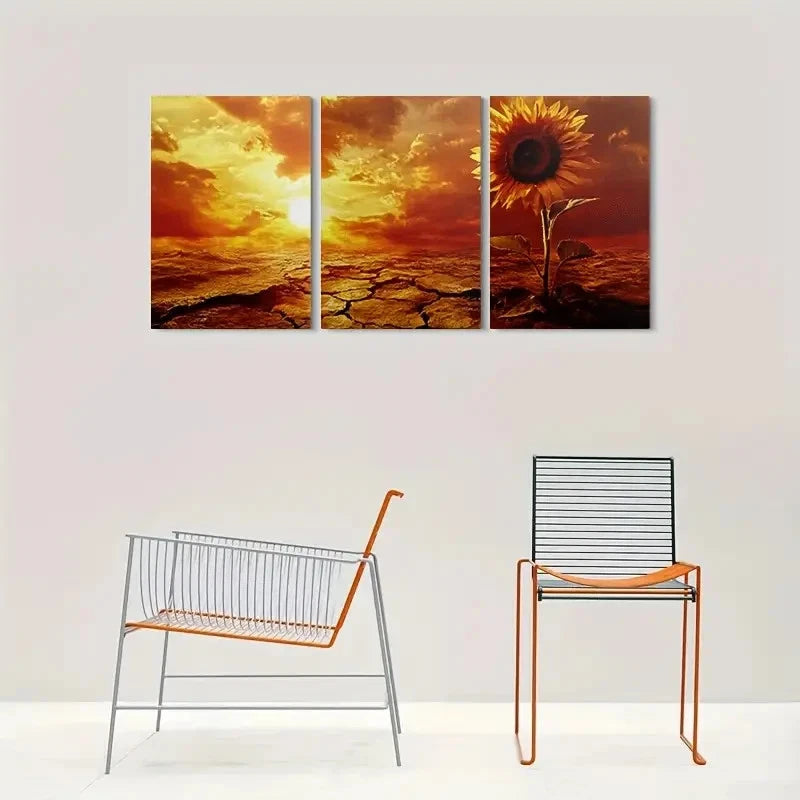 3pcs Vibrant Sunflower & Cracked Earth Metal Print Ready to Hang Art