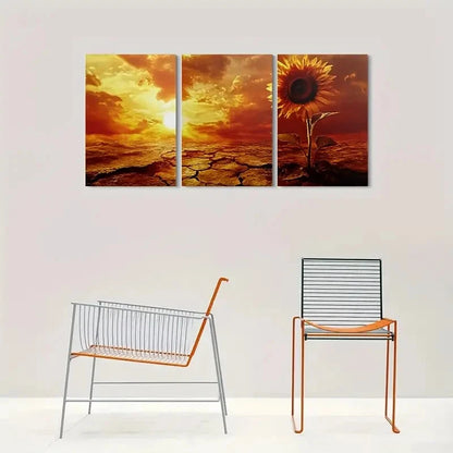 3pcs Vibrant Sunflower & Cracked Earth Metal Print Ready to Hang Art