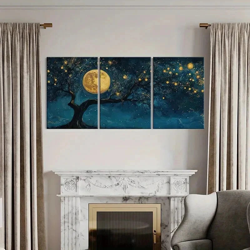 3pcs Moonlit Night Glowing Tree Celestial Sky Metal Print Ready to Hang Art