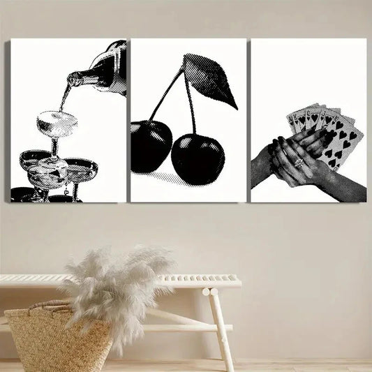 3pcs Black and White Hipster Style Cherries Metal Print Ready to Hang Art