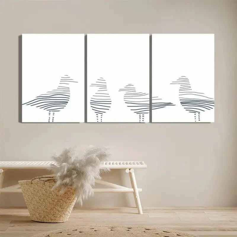 3pcs Minimalist Blue Line Bird Prints Metal Print Ready to Hang Art
