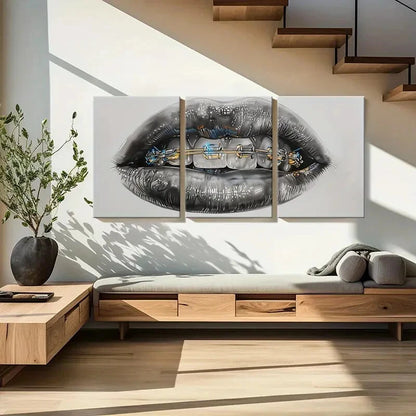 3pcs Futuristic Lip & Teeth Design with Metallic Metal Print Ready to Hang Art