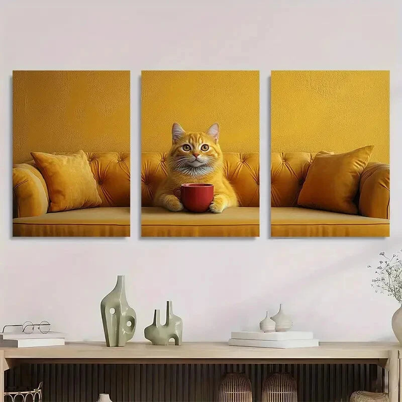 3pcs Whimsical Cat Yellow Cat Sipping Coffee Red Metal Print Ready to Hang Art