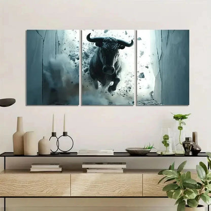 3pcs Anthropomorphic Bull Breaking Through Walls Metal Print Ready to Hang Art