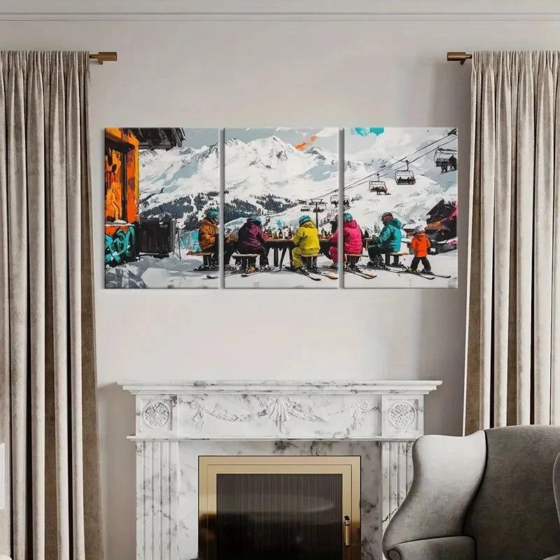3pcs Snowy Mountains Ski Resort Cable Cars Metal Print Ready to Hang Art