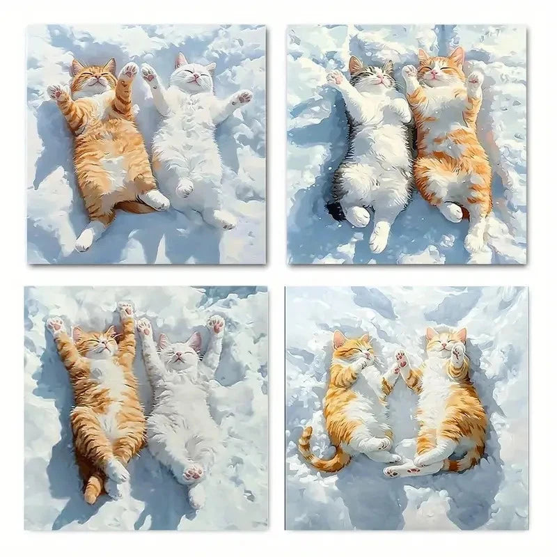 4pcs Cute White Cat In Sunshine, Abstract Wall Art Canvas Framed